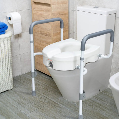 Super Steady Raised Toilet Seat With Secure Grab Bars And Anti Tip Legs Adds Five Inch Lift For Seniors Delivers Rock Solid Support And Makes Getting Up Easy As Pie