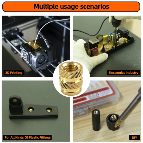 Brass Heat Set Threaded Inserts Kit For 3D Printing M2 To M5 Sizes Knurled Nuts Assortment With Heat Set Tool shown in various applications.