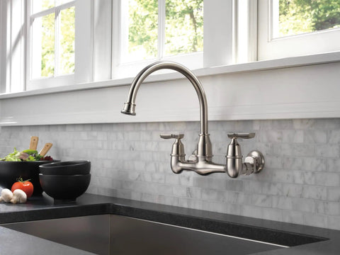 Corin Wall Mount Kitchen Faucet with Brushed Nickel Finish High Arc Gooseneck 360 Degree Swivel Single Handle Easy Installation