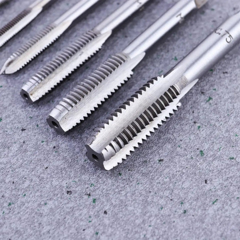 7 Pcs Straight Flute Screw Tap Set For DIY Metalworking Tools To Cut Threads In Aluminum And Plastic Includes Plug Drill And Hole Cutter Heavy Duty Bearing Steel Taps For Pros And Weekend Warriors, steel taps on gray surface