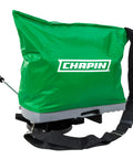 Handheld Lawn Spreader With 25Lb Capacity For Grass Seed And Fertilizers, Waterproof Design, green bag and strap shown
