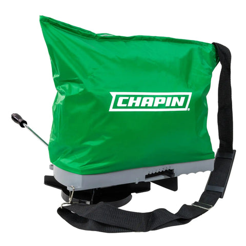 Handheld Lawn Spreader With 25Lb Capacity For Grass Seed And Fertilizers, Waterproof Design, green bag and strap shown