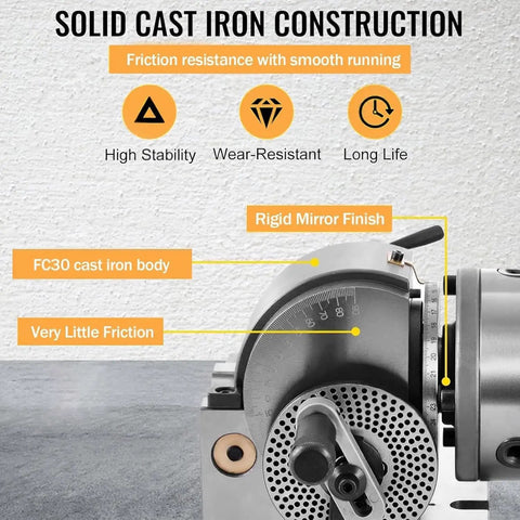 Heavy Duty Three Jaw Chuck And Rotary Dividing Head Kit With Tailstock For Cnc Milling Featuring A Rock Solid Cast Iron Body and close-up of cast iron construction with engraved scales.