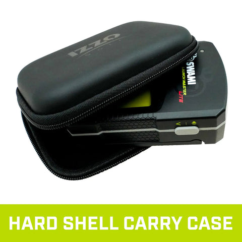 Swami Launch Master Golf Launch Simulator Lite with hard shell carry case open, showing device inside.