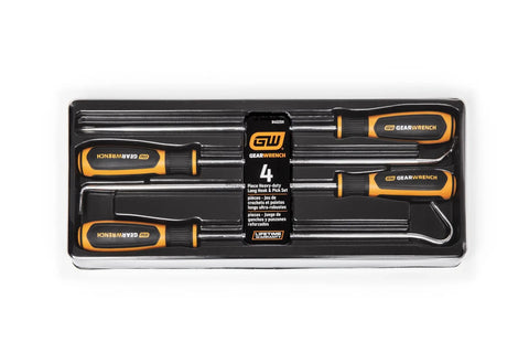 Heavy Duty Long Hook And Pick Set 4 Piece With Pro Grade Ergonomic Tri Lobed Dual Material Handles in packaging