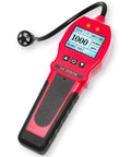 Front view of red handheld gas leak detector with black grip, flexible probe, blue display showing 1000 ppm.