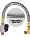 Extended Tank Drain Valve Assembly Kit for Air Compressors with 10 inch braided steel hose and elbow fitting for moisture drainage
