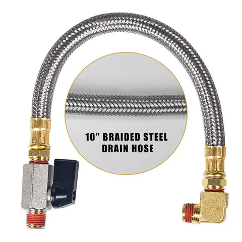Extended Tank Drain Valve Assembly Kit for Air Compressors with 10 inch braided steel hose and elbow fitting for moisture drainage