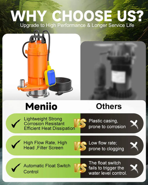 Comparison of 1HP Submersible Drain Pump With Float Switch Aluminum Sump Pump for basement flooding and garden water removal