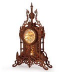 LED 3D Wood Puzzle Clock Tower Kit For Adults, lit desk clock model with intricate plywood design and LED lights.
