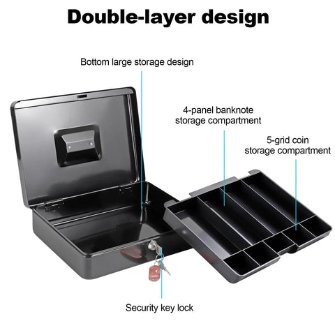 Locking Cash Box With Money Tray And Key, Heavy Duty Metal Cash Organizer, open showing 2 layers, 9 compartments, XL Black