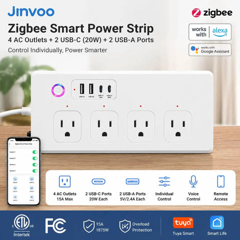 Top Shelf ZigBee Smart Power Strip Packing Four Independently Switched Outlets Plus Two Rapid Fire USB Ports, white. AC & USB ports visible.