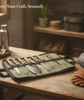 Canvas Knife Roll Organizer With Individual Slots Portable Blade Protector Case open on wooden table with knives.