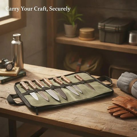 Canvas Knife Roll Organizer With Individual Slots Portable Blade Protector Case open on wooden table with knives.