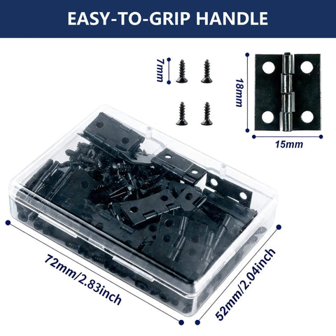 50 Pcs Mini Black Hinges For Wooden Boxes With 240 Replacement Screws 18 x 15mm Matte Iron Retro Handy Hardware Kit visible in box