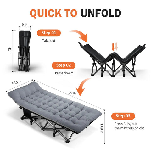 Camping Cot With Cushioned Comfort For Adults, Portable Folding Bed For Sleeping, demonstration of unfolding process