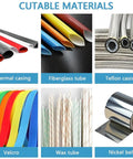 Cuttable materials including thermal casing, fiberglass tube, Teflon casing, Velcro, wax tube, and nickel belt.