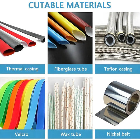 Cuttable materials including thermal casing, fiberglass tube, Teflon casing, Velcro, wax tube, and nickel belt.