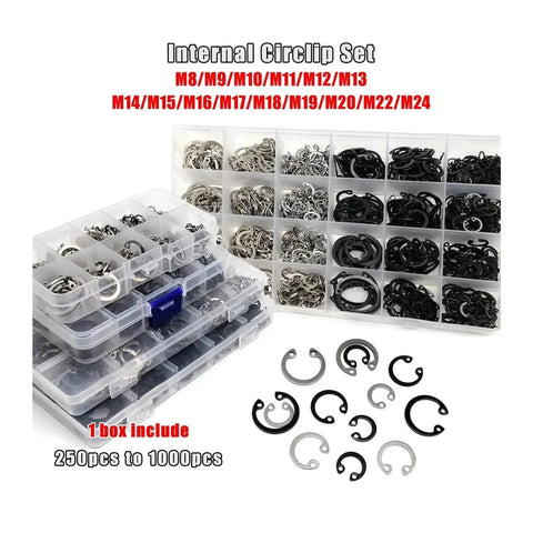 All In One M8 M24 Internal Circlip Snap Ring Kit Set C Type Retaining Clips Black 304 Stainless Steel Heavy Duty 250 Pcs Assortment