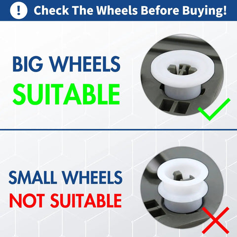 Image showing big suitable wheels and small unsuitable wheels for Top Rack Replacement Kit For Whirlpool Dishwashers 20 Pcs W10712395 W10350375 Upper Rack Parts Heavy Duty Metal Upgrade With 1.25 Inch Wheel EZ Swap Replaces AP5957560 WDT730PAHZ0 WDTA50SAHZ0 WDT970SAHZ0 WDT780SAEM1.
