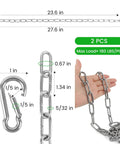 2 Pack Outdoor Gate Chain Lock With Four Carabiners, Adjustable 28 Inch Gate Latch Chain For Fence Yard Garden Farm Barn, One-Hand Operation, Stainless Steel shown in diagram with measurements.