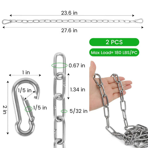 2 Pack Outdoor Gate Chain Lock With Four Carabiners, Adjustable 28 Inch Gate Latch Chain For Fence Yard Garden Farm Barn, One-Hand Operation, Stainless Steel shown in diagram with measurements.