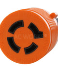 Close-up of orange inlet of Locking NEMA L15-20 Extension Cord 20A 250V 12/4 SOOW Rubber, 3-Phase Industrial Power Cord.