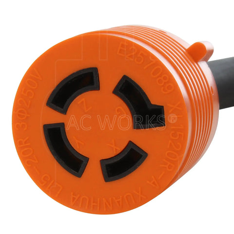 Close-up of orange inlet of Locking NEMA L15-20 Extension Cord 20A 250V 12/4 SOOW Rubber, 3-Phase Industrial Power Cord.