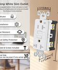Top Notch 20 Amp GFCI Outlet 20 Pack With Bright LED Indicator And Rain Ready Slim Wall Receptacle showing dimensions and features.
