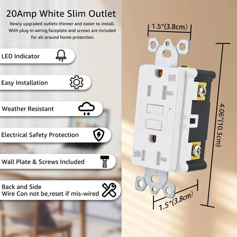 Top Notch 20 Amp GFCI Outlet 20 Pack With Bright LED Indicator And Rain Ready Slim Wall Receptacle showing dimensions and features.