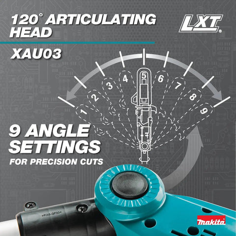 Diagram showing 9 angle settings highlighting precision cuts for 18V LXT Brushless Cordless Extendable Pole Saw With 14 Ft Reach