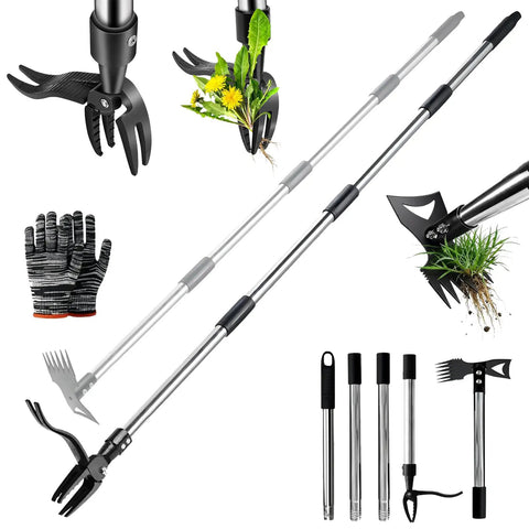 Stand Up Weed Puller Tool With 58 Inch Adjustable Handle 2 In 1 Tough As Nails Manual Weeder And Garden Hoe 4 Claw Steel Head Weed Remover For Yard Lawn Patio Flower Bed Includes Gloves For Easy Weeding