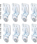 Eight Piece Sliding Closet Door Roller Kit For Top Hung Bypass Tracks featuring smooth white wheels and metal brackets.