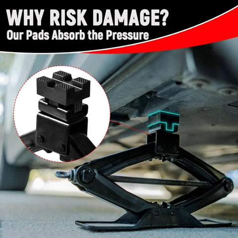 Universal Scissor Jack Pads Rubber Pinch Weld Saddle Protector For Two Ton Jacks installed under car supporting frame rails.