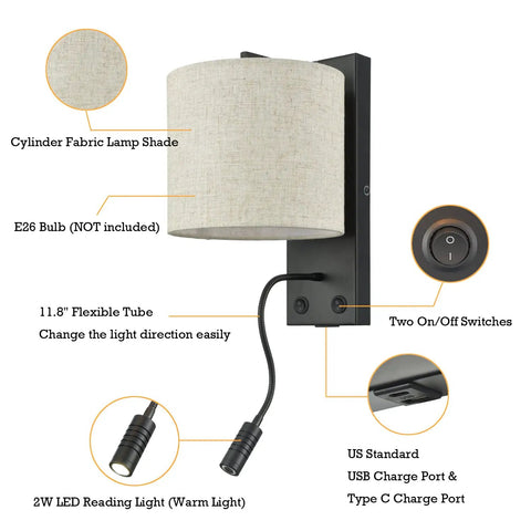 Diagram of Bedroom Wall Sconce with USB Type C and USB Ports, featuring 11.8-inch flexible arm and warm 2W LED light.