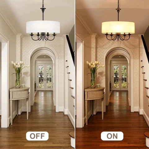Traditional 5 Light Chrome Drum Chandelier With White Linen Shade For Dining Room, Living Room, Foyer, lights on and off