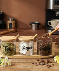 Three Pack Clear Glass Jars With Lids And Spoon On Bamboo Tray For Coffee Beans Sugar Tea Condiments A Handy Storage Set