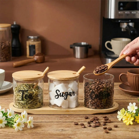 Three Pack Clear Glass Jars With Lids And Spoon On Bamboo Tray For Coffee Beans Sugar Tea Condiments A Handy Storage Set