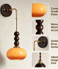 Flyrose Set of 2 Vintage Caramel Glass Wall Sconces Mid Century Modern Lamp with wood and brass details