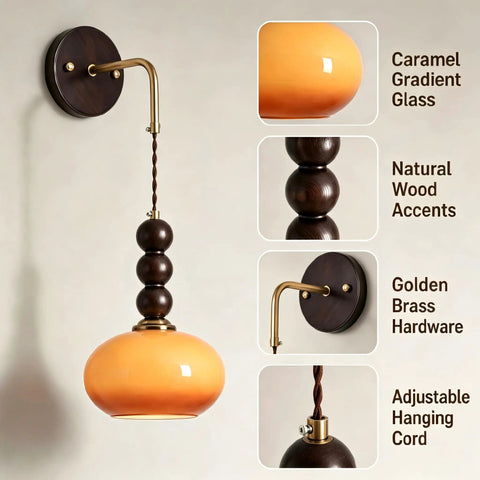 Flyrose Set of 2 Vintage Caramel Glass Wall Sconces Mid Century Modern Lamp with wood and brass details