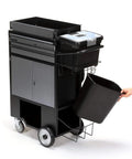 Heavy Duty Painters Utility Cart Featuring Plug And Play Setup And Five Gallon Bucket Holder Built Like A Tank For Rough Job Site Grind And Smooth Rolling with a black steel frame and attached bucket holder.