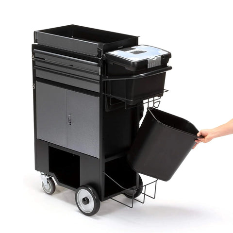 Heavy Duty Painters Utility Cart Featuring Plug And Play Setup And Five Gallon Bucket Holder Built Like A Tank For Rough Job Site Grind And Smooth Rolling with a black steel frame and attached bucket holder.