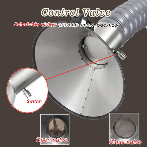 Control valve for Premium Flexible Fume Extractor Hose With Articulated Hood showing adjustable airflow with open and close options.