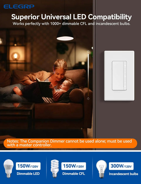 Matte White Led Dimmer Light Switch Featuring Buttery Smooth Fade On Curves And Digital Mcu Engineering To Shield Your Bulbs While Running Single Pole Or 3 Way Lines For A Sleek Tight Electrical Facelift in a modern living room, illuminating a mother and child.