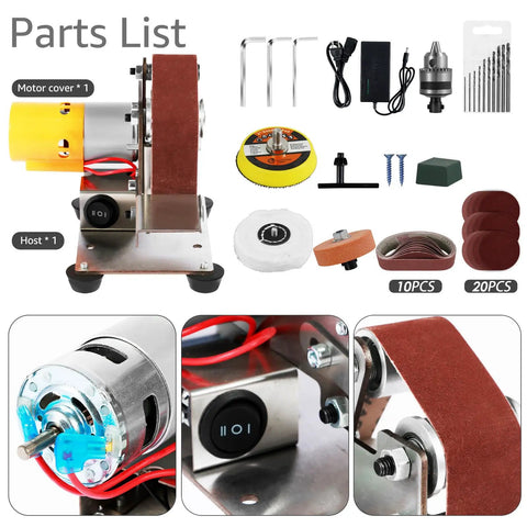 Parts list for Boss Level Mini Belt Sander And Bench Grinder Featuring Seven Adjustable Speeds With Silent Double Bearing Motor.