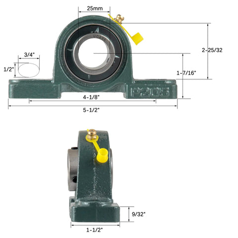 Two Pack Pro Grade Pillow Block Mounted Ball Bearing UCP205 with 25mm bore, showing dimensions and cast iron housing