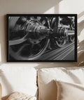 Steam Locomotive Wheels Canvas Poster in black and white, framed, for living room, 24x36 inches, eco-solvent ink print, classic rail vibe
