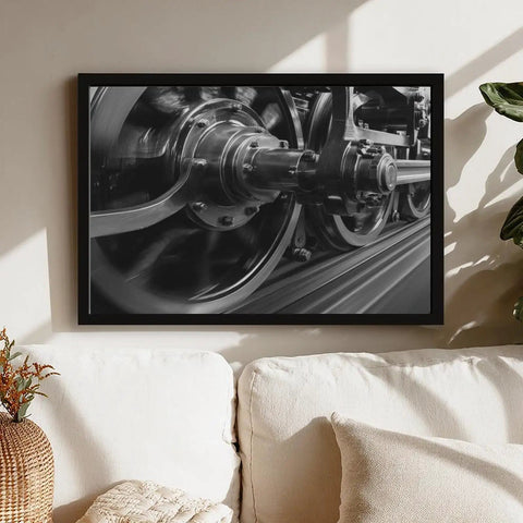 Steam Locomotive Wheels Canvas Poster in black and white, framed, for living room, 24x36 inches, eco-solvent ink print, classic rail vibe
