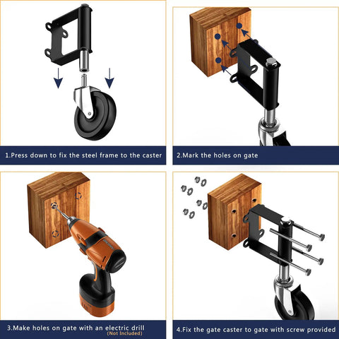 Installation steps for spring loaded gate caster wheels for wooden and metal gates, showing drill and screw attachment steps.