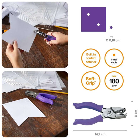 One Sixteenth Inch Circle Hole Punch With Ergonomic Cushioned Grip, purple accent, in use for crafting and on table close-up.